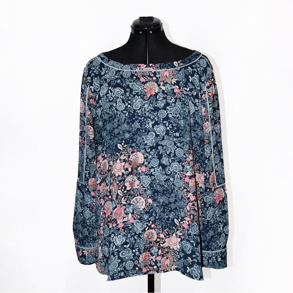 Floral Blouse Bateau Neckline Long Sleeve